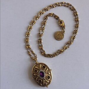 Vatican Collection Elegant Gold Locket Necklace with Purple Gem New